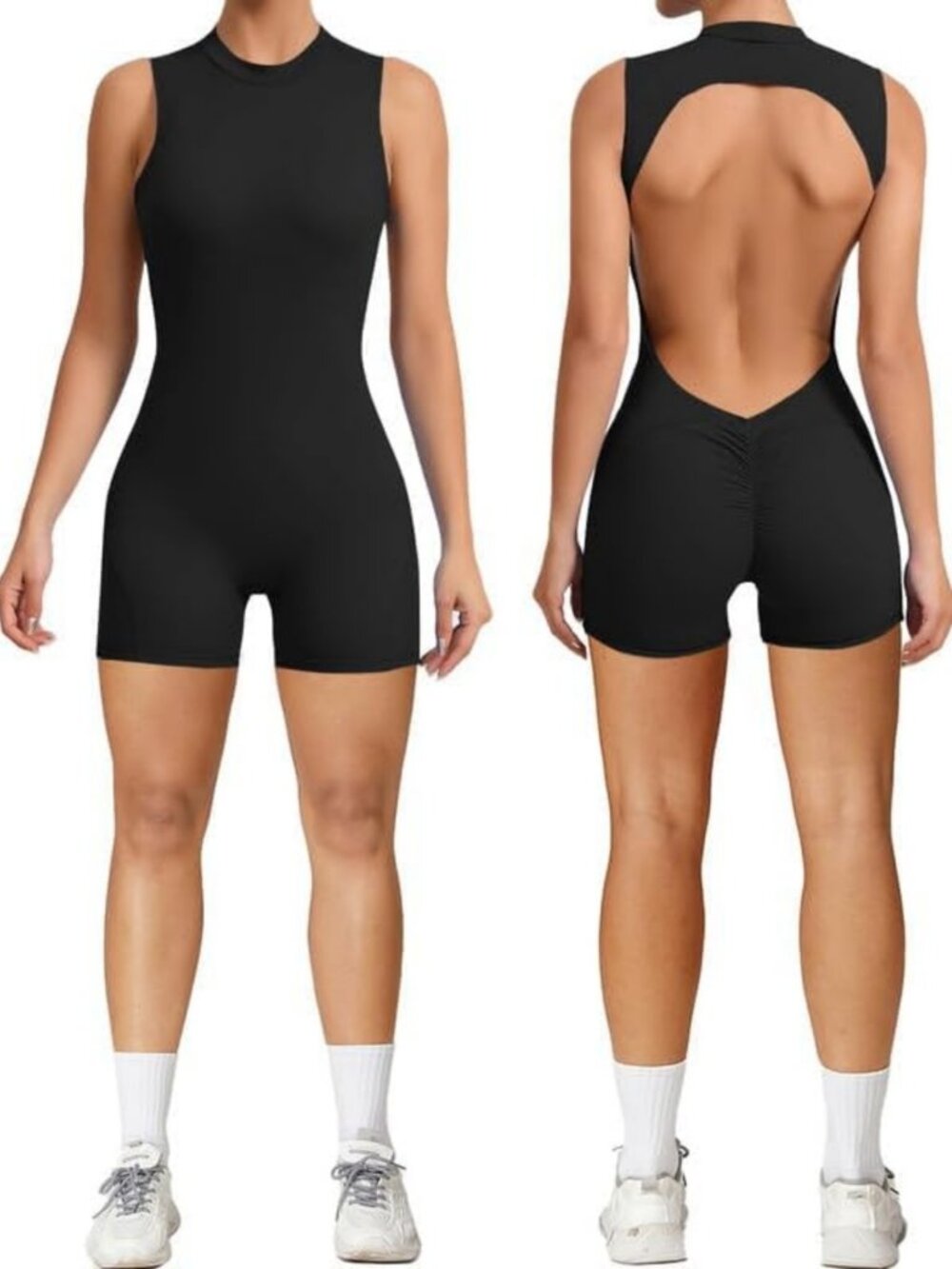 Chic Backless Short Jumpsuit for Women | Sleeveless Scrunch Workout Romper